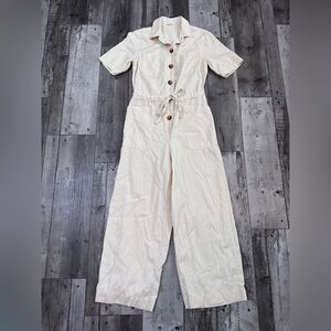 Marine Layer Short Sleeve Ivory Crop Pants XS Utility Jumpsuit Collar Button Up